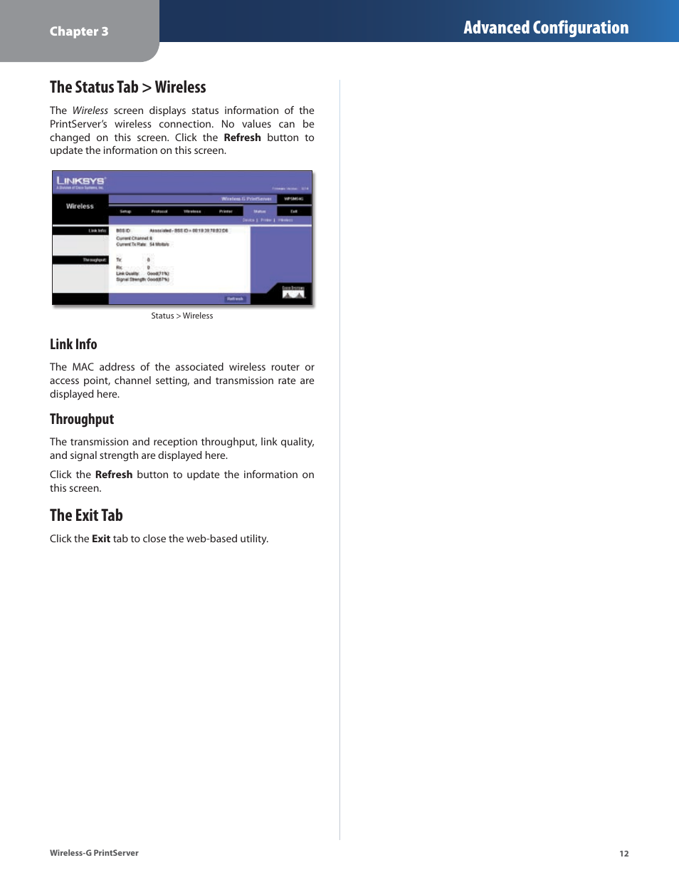 The status tab > wireless, The exit tab, The status tab > wireless the exit tab | Advanced configuration, Link info, Throughput | Linksys Wireless-G Print Server WPSM54G User Manual | Page 14 / 37