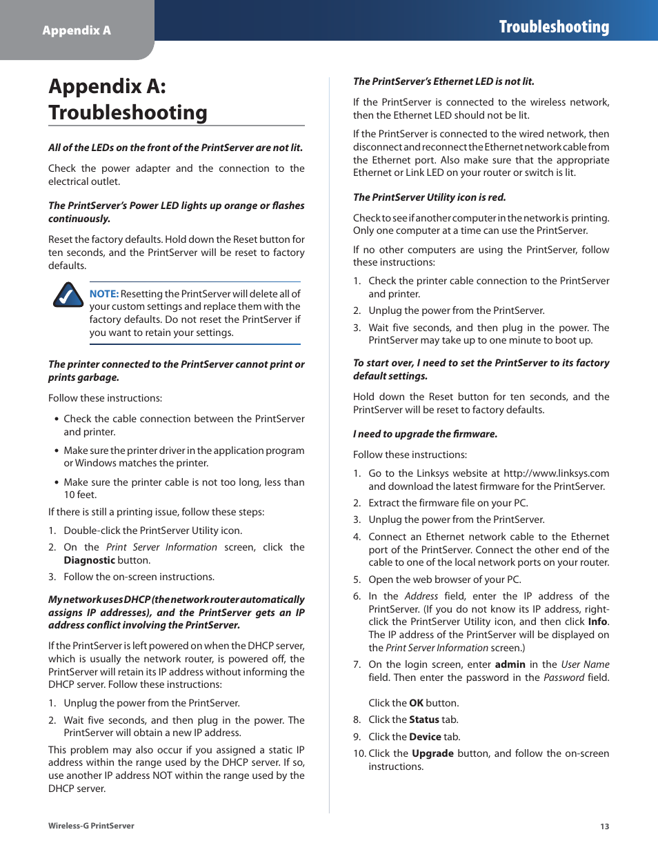 Appendix a: troubleshooting, Troubleshooting | Linksys Wireless-G Print Server WPSM54G User Manual | Page 15 / 37