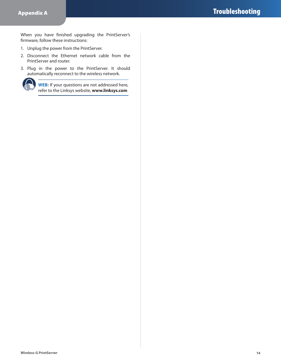 Troubleshooting | Linksys Wireless-G Print Server WPSM54G User Manual | Page 16 / 37