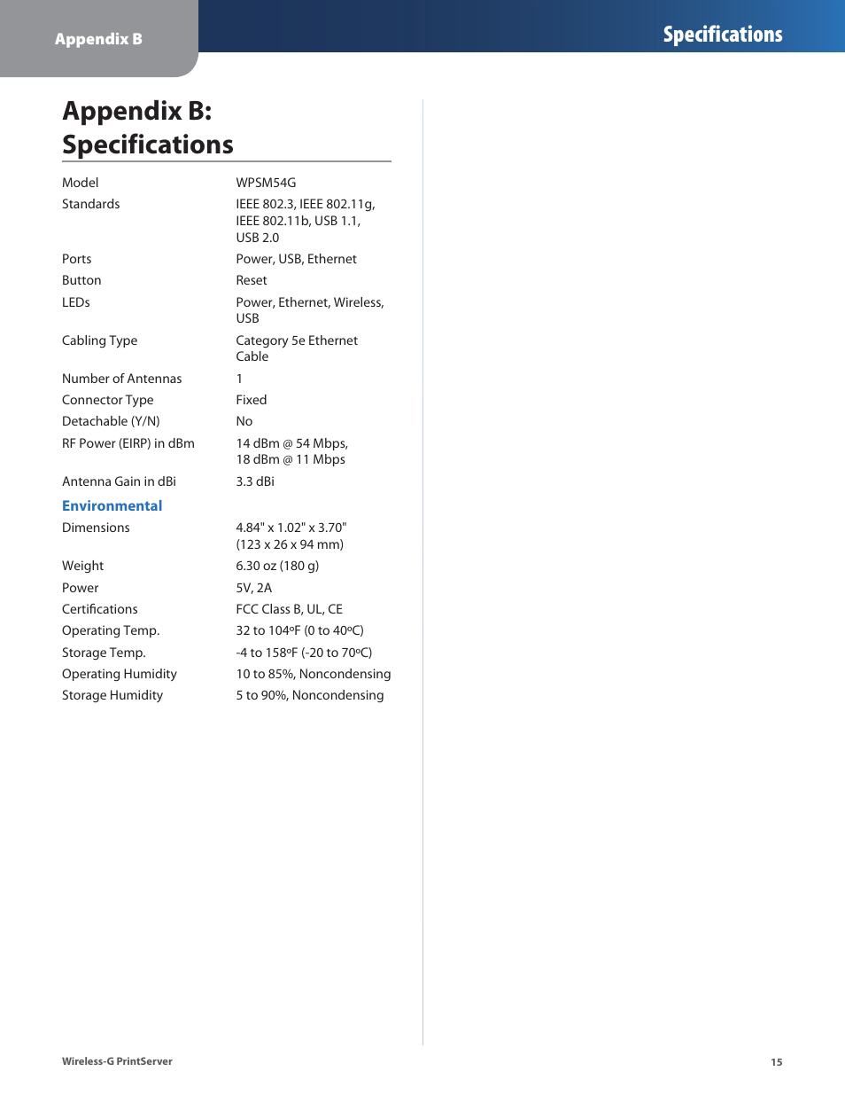 Appendix b: specifications, Specifications | Linksys Wireless-G Print Server WPSM54G User Manual | Page 17 / 37