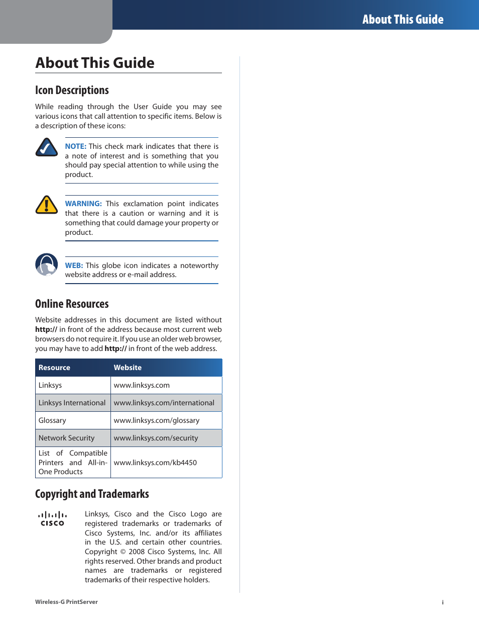 About this guide, Icon descriptions, Online resources | Copyright and trademarks | Linksys Wireless-G Print Server WPSM54G User Manual | Page 2 / 37