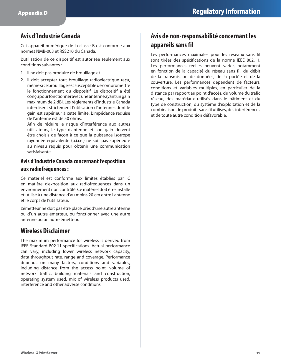 Avis d’industrie canada, Wireless disclaimer, Regulatory information | Linksys Wireless-G Print Server WPSM54G User Manual | Page 21 / 37