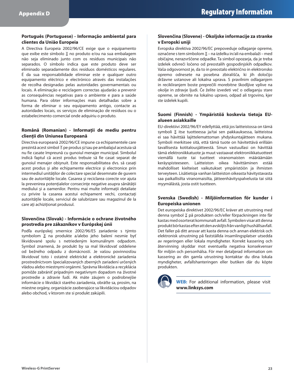 Regulatory information | Linksys Wireless-G Print Server WPSM54G User Manual | Page 25 / 37