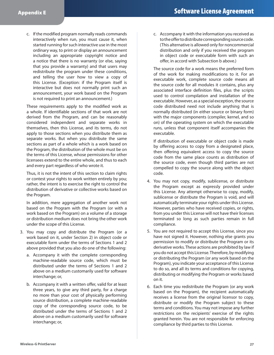 Software license agreement | Linksys Wireless-G Print Server WPSM54G User Manual | Page 29 / 37