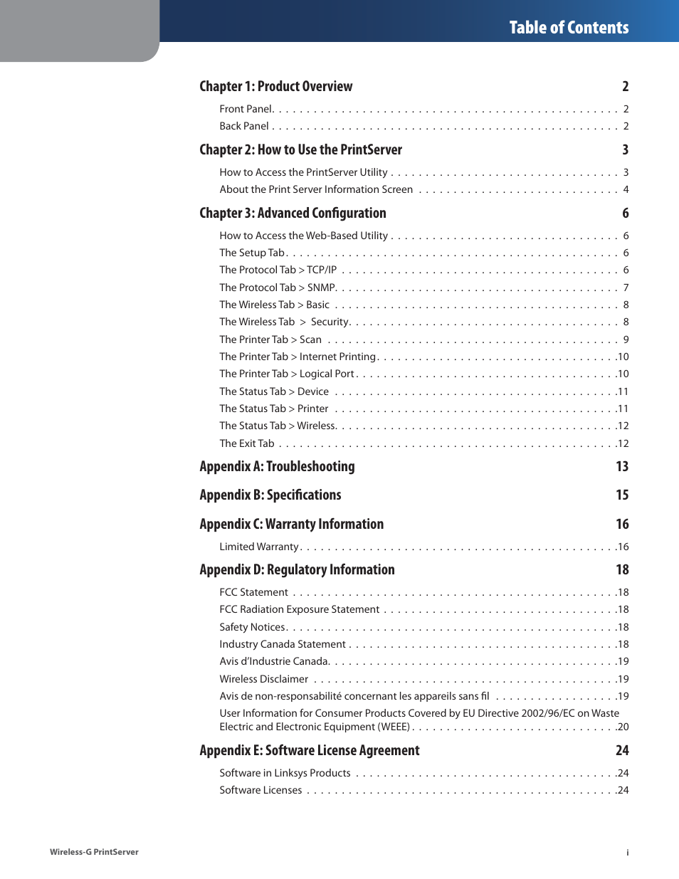 Linksys Wireless-G Print Server WPSM54G User Manual | Page 3 / 37