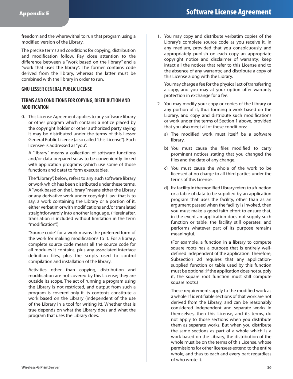 Software license agreement | Linksys Wireless-G Print Server WPSM54G User Manual | Page 32 / 37