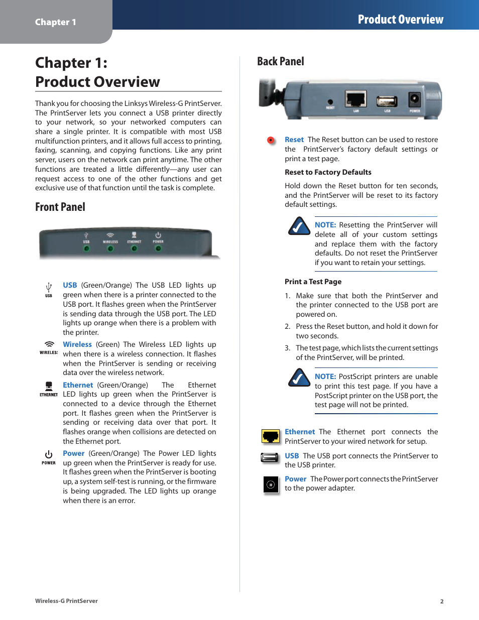 Chapter 1: product overview, Front panel, Back panel | Front panel back panel, Product overview | Linksys Wireless-G Print Server WPSM54G User Manual | Page 4 / 37