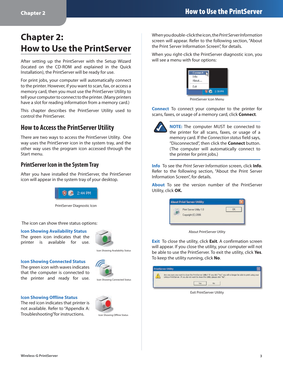 Chapter 2: how to use the printserver, How to access the printserver utility, How to use the printserver | Printserver icon in the system tray | Linksys Wireless-G Print Server WPSM54G User Manual | Page 5 / 37