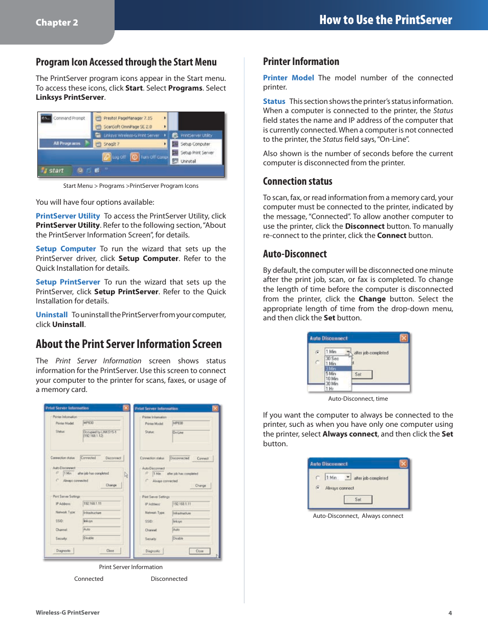 About the print server information screen, How to use the printserver, Program icon accessed through the start menu | Printer information, Connection status, Auto-disconnect | Linksys Wireless-G Print Server WPSM54G User Manual | Page 6 / 37