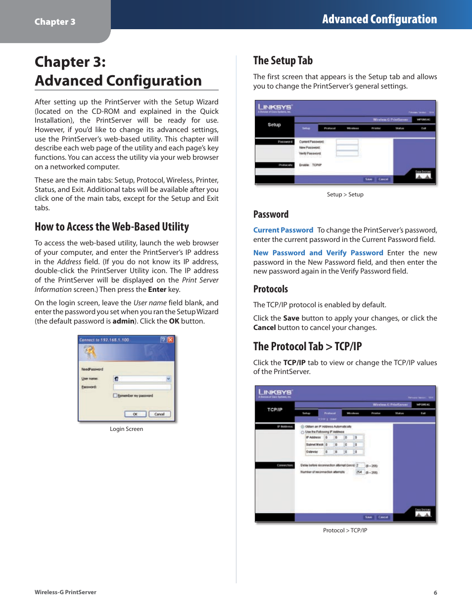 Chapter 3: advanced configuration, How to access the web-based utility, The setup tab | The protocol tab > tcp/ip, Advanced configuration, Password, Protocols | Linksys Wireless-G Print Server WPSM54G User Manual | Page 8 / 37
