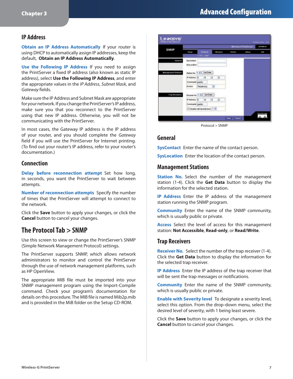 The protocol tab > snmp, Advanced configuration, Ip address | Connection, General, Management stations, Trap receivers | Linksys Wireless-G Print Server WPSM54G User Manual | Page 9 / 37