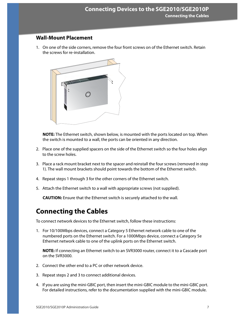 Wall-mount placement, Connecting the cables | Linksys Ethernet SGE2010 User Manual | Page 10 / 66