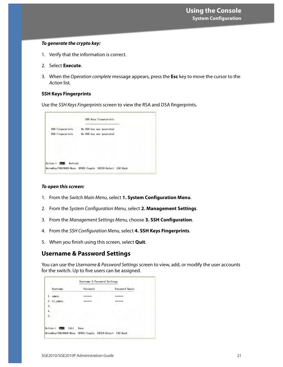 Username & password settings, Using the console | Linksys Ethernet SGE2010 User Manual | Page 24 / 66