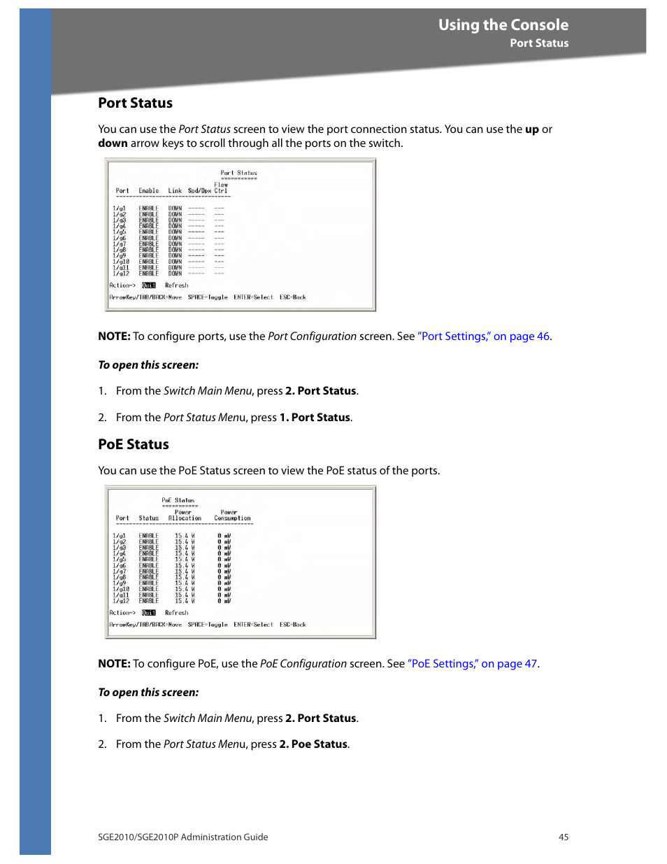 Port status, Poe status, Using the console | Linksys Ethernet SGE2010 User Manual | Page 48 / 66