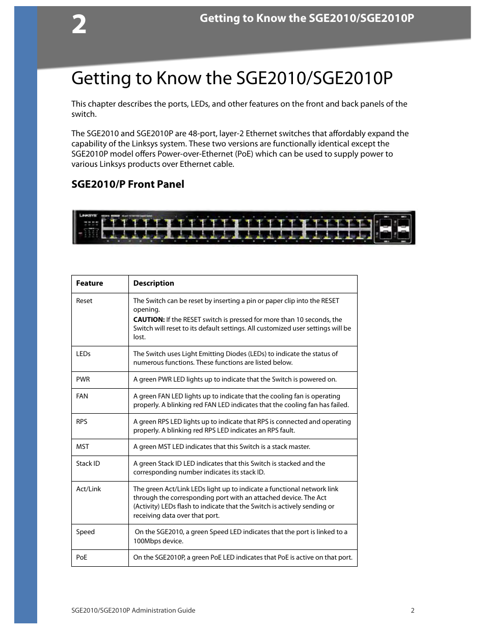 Getting to know the sge2010/sge2010p, Sge2010/p front panel, Chapter 2, "getting to know the sge2010/sge2010p | Linksys Ethernet SGE2010 User Manual | Page 5 / 66
