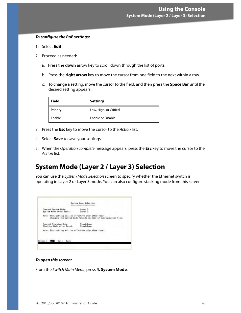 System mode (layer 2 / layer 3) selection, Using the console | Linksys Ethernet SGE2010 User Manual | Page 51 / 66