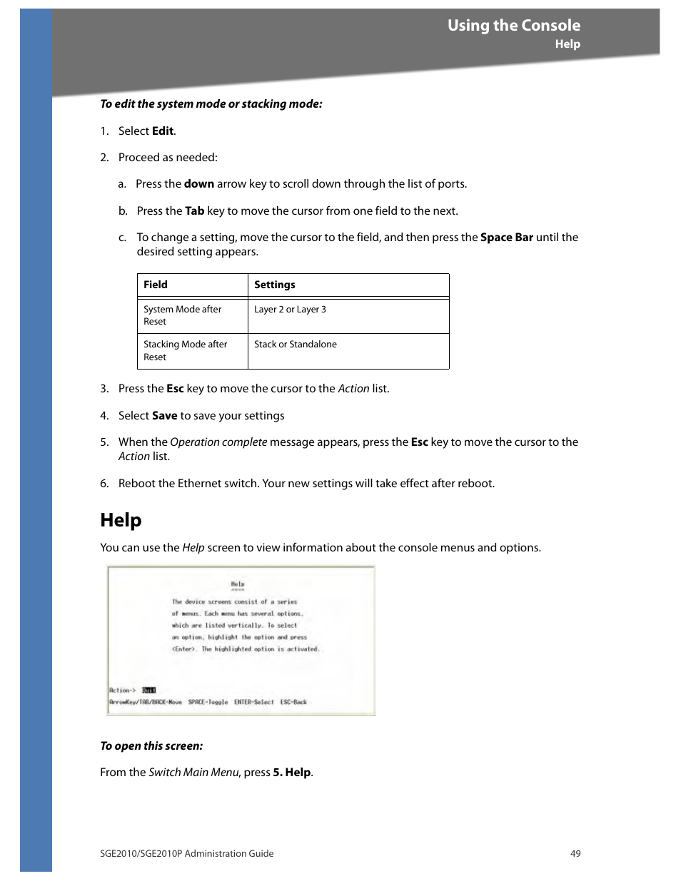 Help, Using the console | Linksys Ethernet SGE2010 User Manual | Page 52 / 66