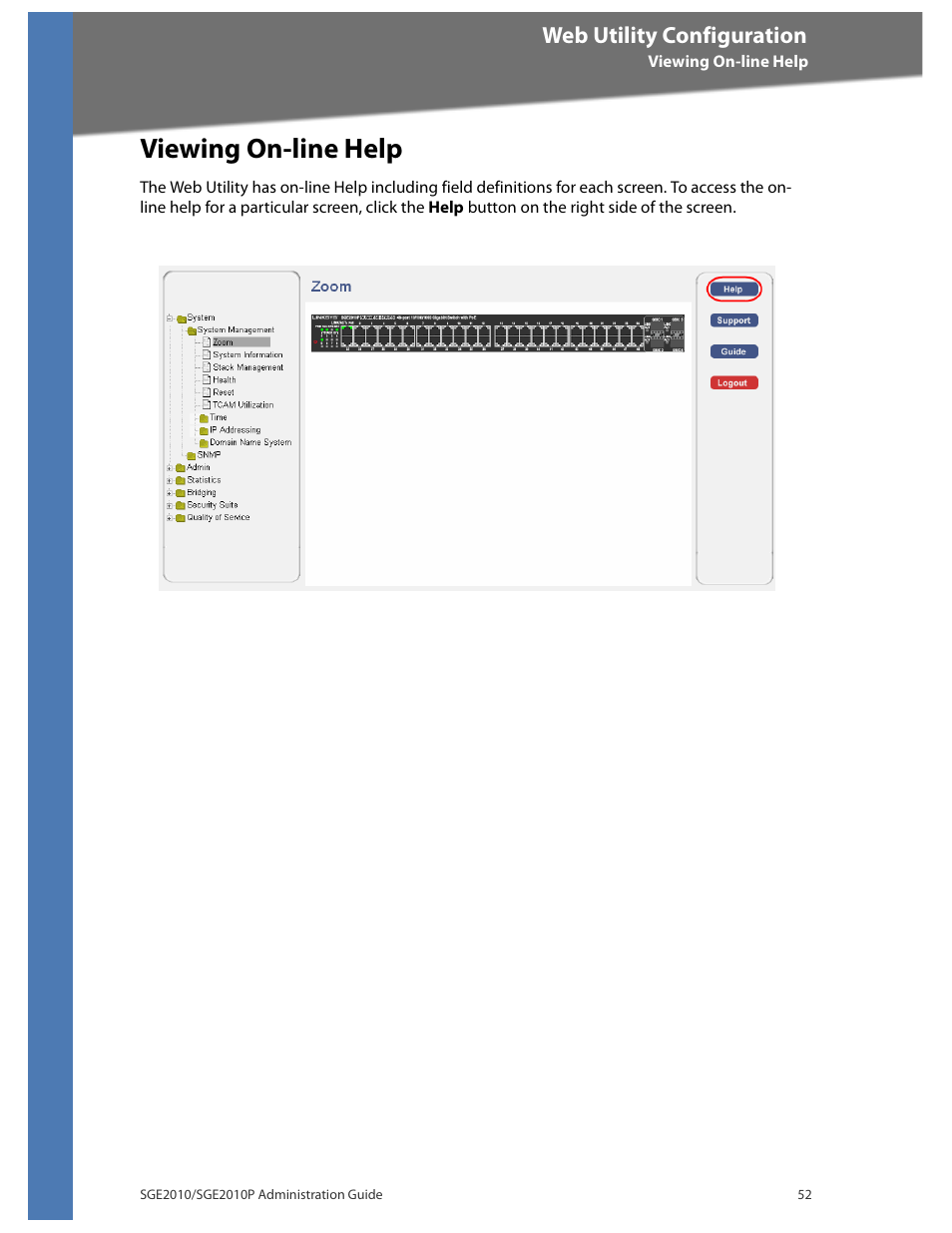 Viewing on-line help, Web utility configuration | Linksys Ethernet SGE2010 User Manual | Page 55 / 66