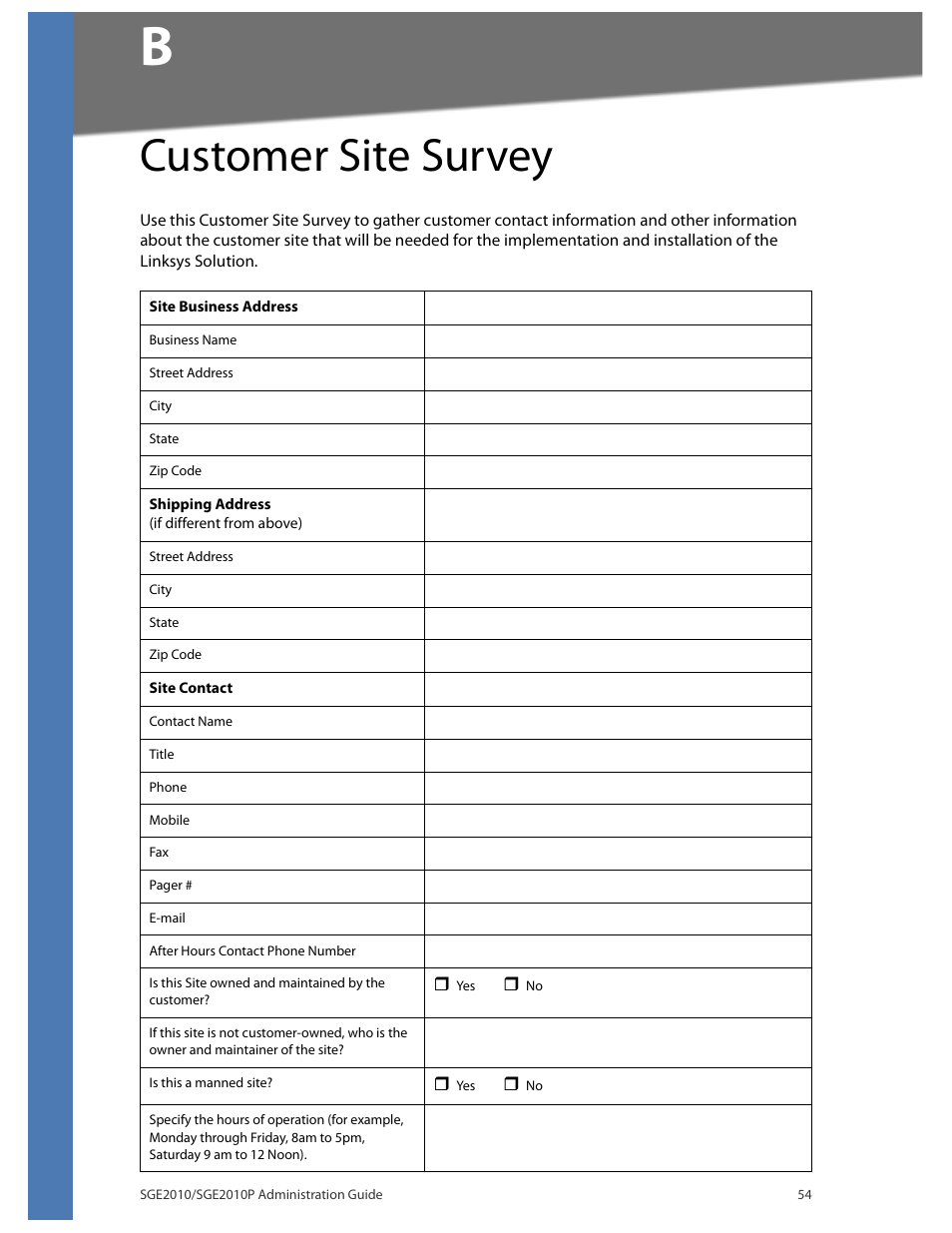 Customer site survey, Customer site surv, Appendix b, "customer site survey | Linksys Ethernet SGE2010 User Manual | Page 57 / 66