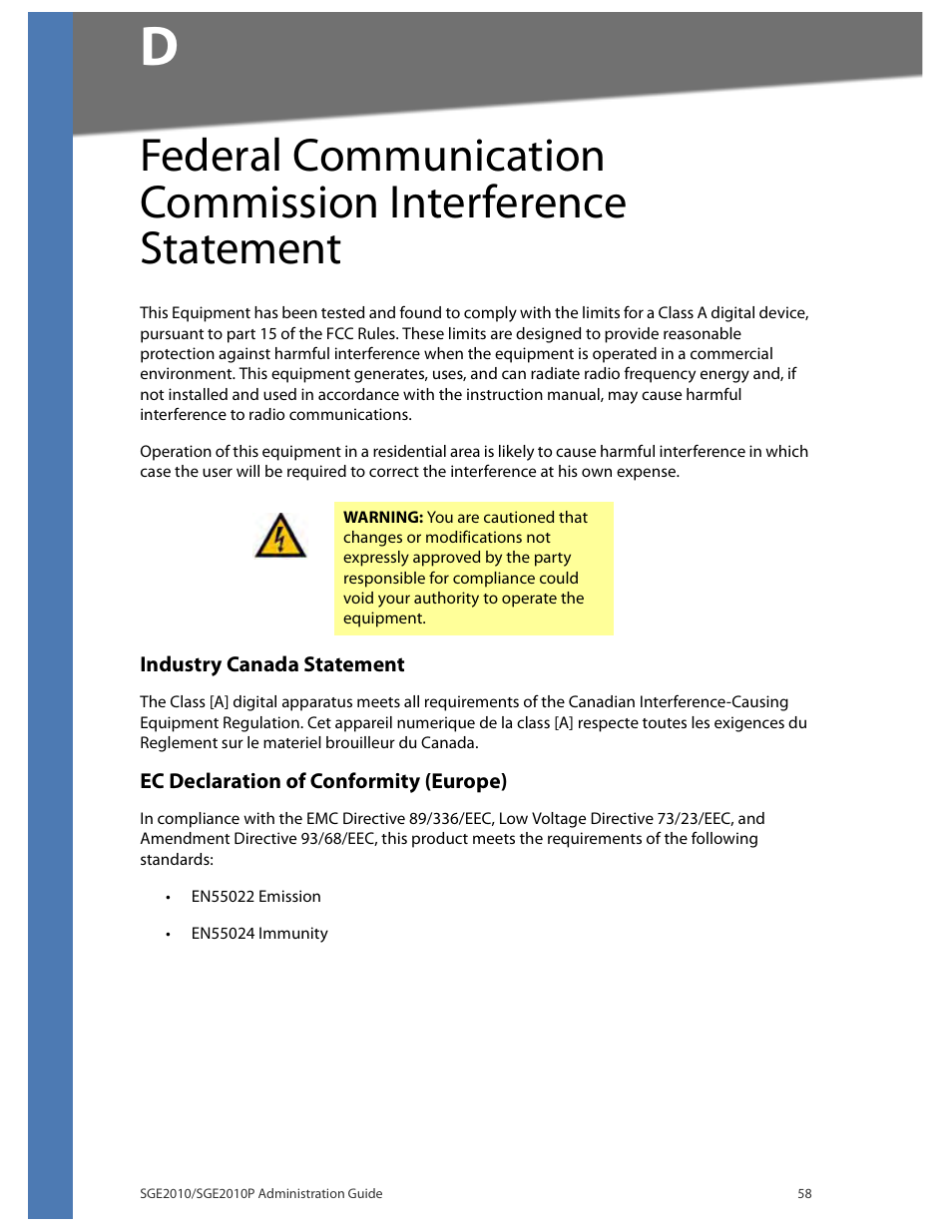 Industry canada statement, Ec declaration of conformity (europe) | Linksys Ethernet SGE2010 User Manual | Page 61 / 66