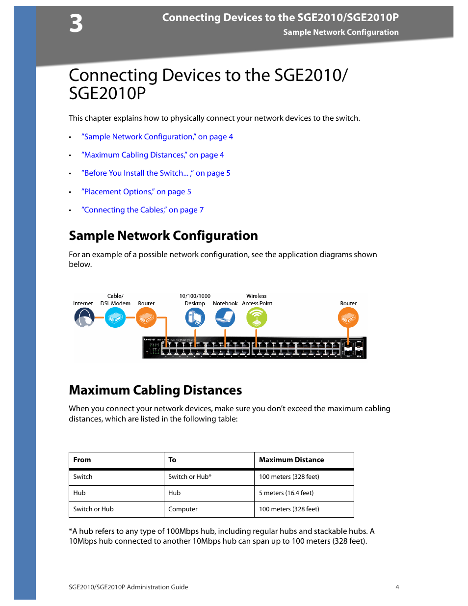 Connecting devices to the sge2010/ sge2010p, Sample network configuration, Maximum cabling distances | Linksys Ethernet SGE2010 User Manual | Page 7 / 66