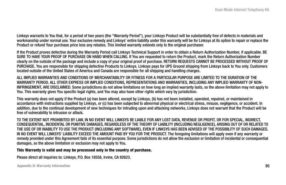 Appendix d: warranty information | Linksys iPhone CIT400 User Manual | Page 103 / 106