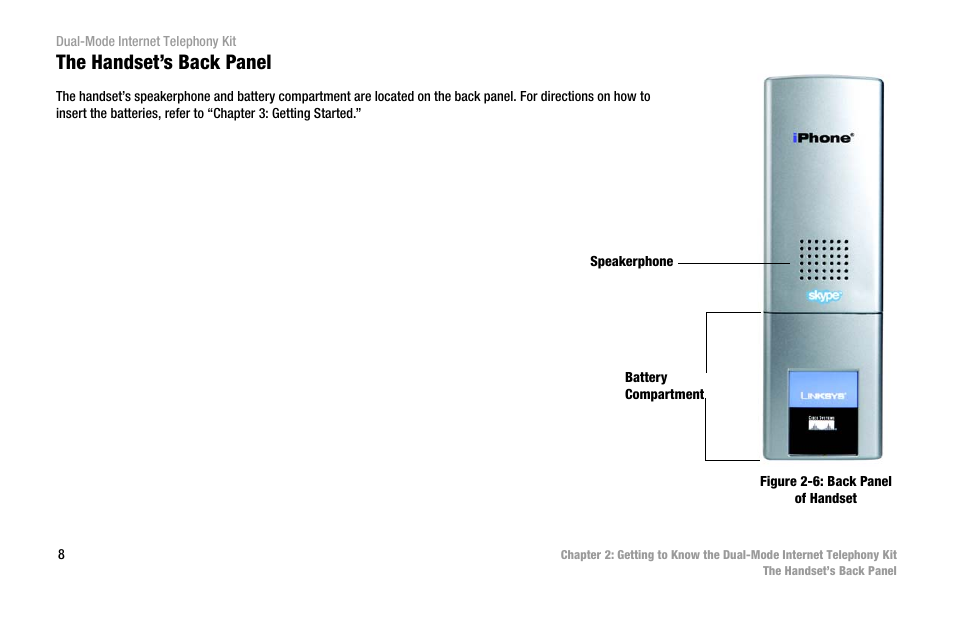 The handset’s back panel | Linksys iPhone CIT400 User Manual | Page 16 / 106