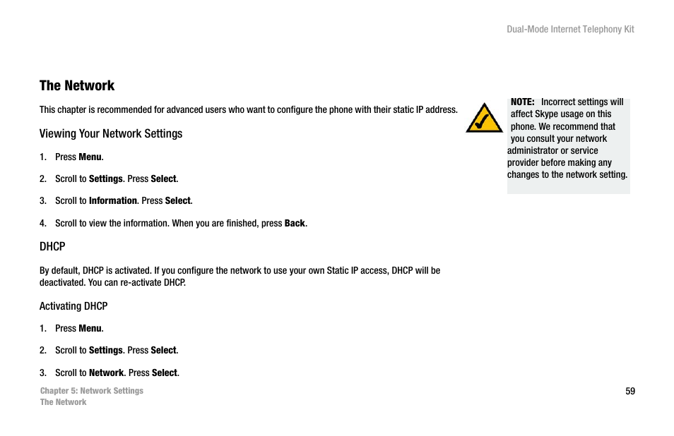 Chapter 5: network settings, The network | Linksys iPhone CIT400 User Manual | Page 67 / 106