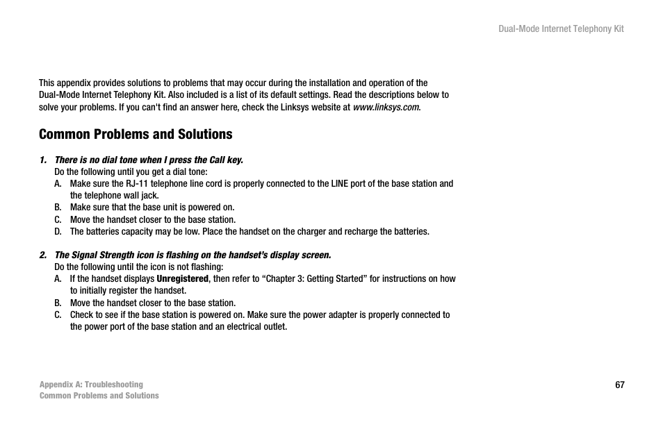 Appendix a: troubleshooting, Common problems and solutions | Linksys iPhone CIT400 User Manual | Page 75 / 106