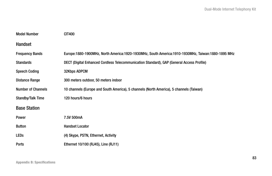 Appendix b: specifications | Linksys iPhone CIT400 User Manual | Page 91 / 106