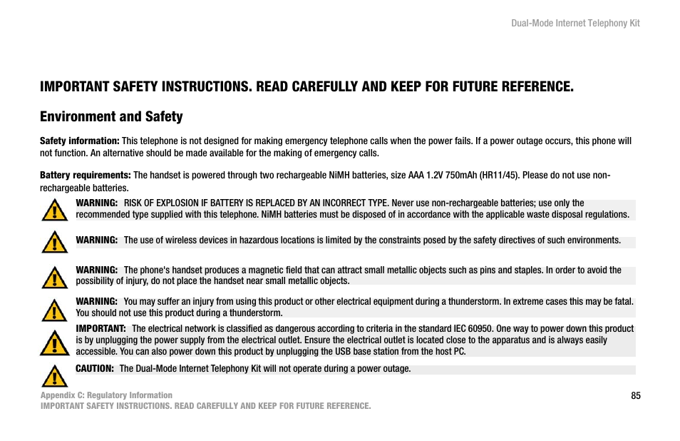 Appendix c: regulatory information, Environment and safety | Linksys iPhone CIT400 User Manual | Page 93 / 106