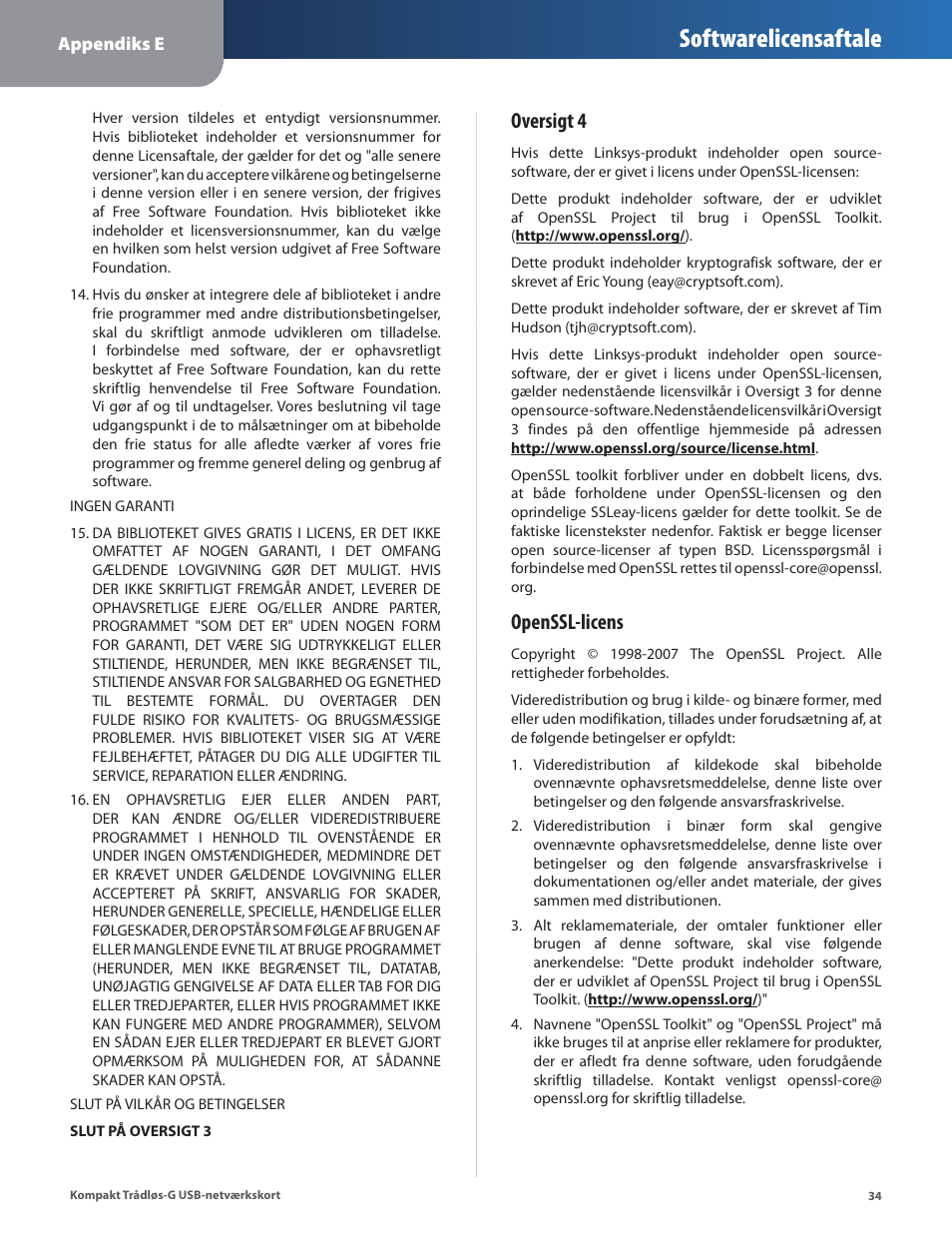 Softwarelicensaftale, Oversigt 4, Openssl-licens | Linksys WUSB54GC User Manual | Page 107 / 324