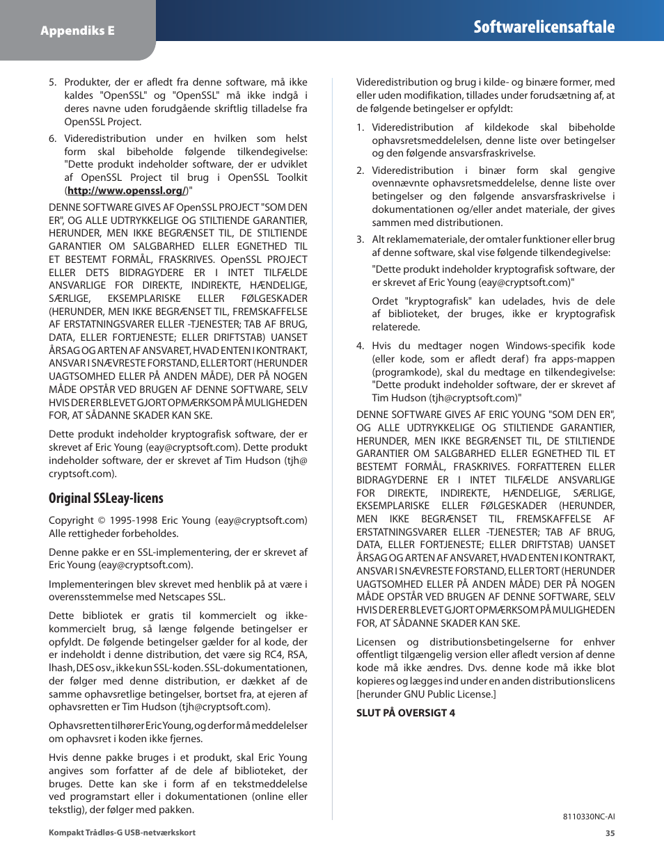 Softwarelicensaftale, Original ssleay-licens | Linksys WUSB54GC User Manual | Page 108 / 324