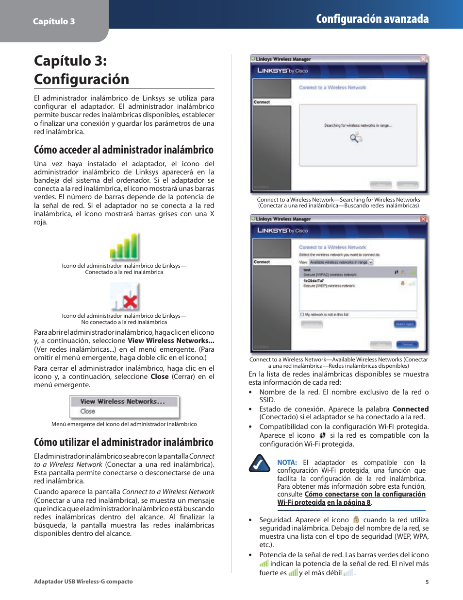 Capítulo 3: configuración, Cómo acceder al administrador inalámbrico, Cómo utilizar el administrador inalámbrico | Configuración avanzada | Linksys WUSB54GC User Manual | Page 114 / 324