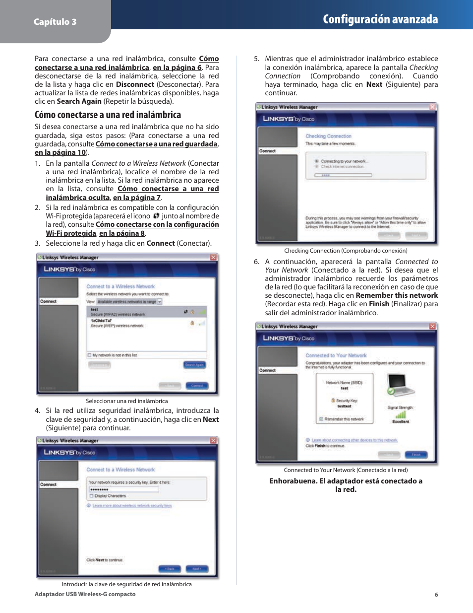 Configuración avanzada, Cómo conectarse a una red inalámbrica | Linksys WUSB54GC User Manual | Page 115 / 324