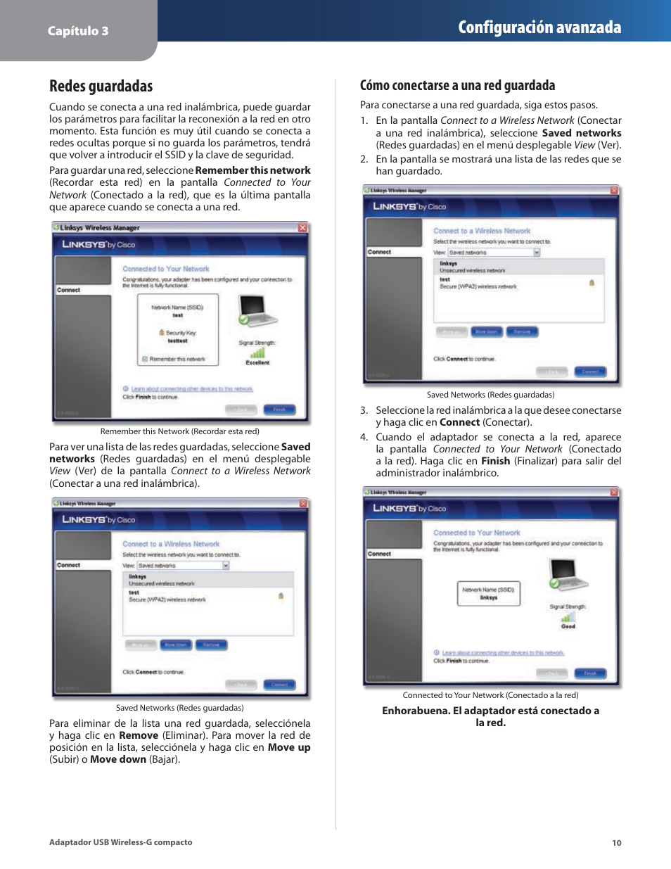 Redes guardadas, Configuración avanzada, Cómo conectarse a una red guardada | Linksys WUSB54GC User Manual | Page 119 / 324