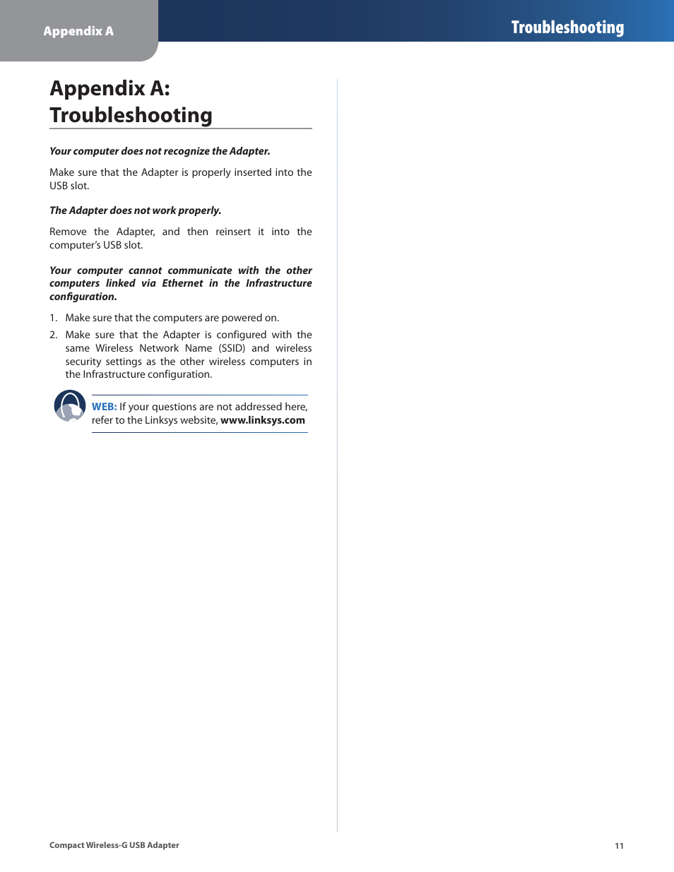 Appendix a: troubleshooting, Troubleshooting | Linksys WUSB54GC User Manual | Page 12 / 324