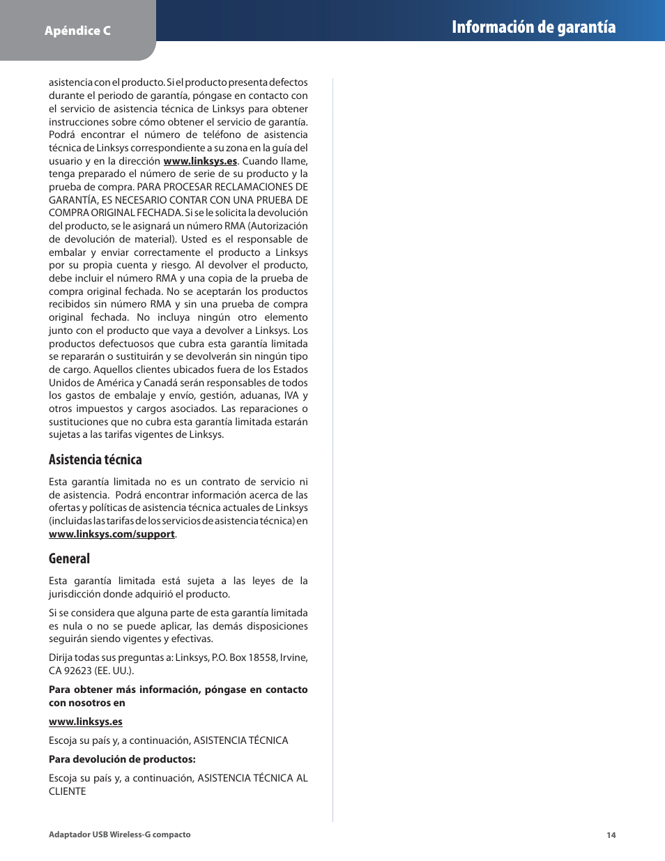 Información de garantía, Asistencia técnica, General | Linksys WUSB54GC User Manual | Page 123 / 324