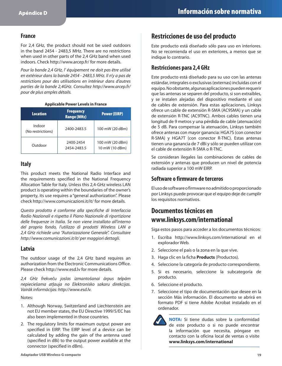 Restricciones de uso del producto, Información sobre normativa, France | Italy, Latvia, Restricciones para 2,4 ghz, Software o firmware de terceros | Linksys WUSB54GC User Manual | Page 128 / 324
