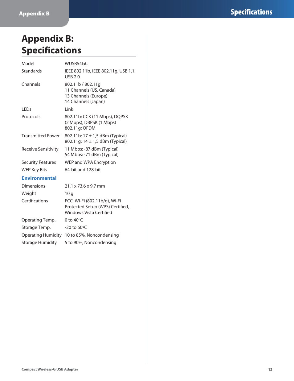 Appendix b: specifications, Specifications | Linksys WUSB54GC User Manual | Page 13 / 324
