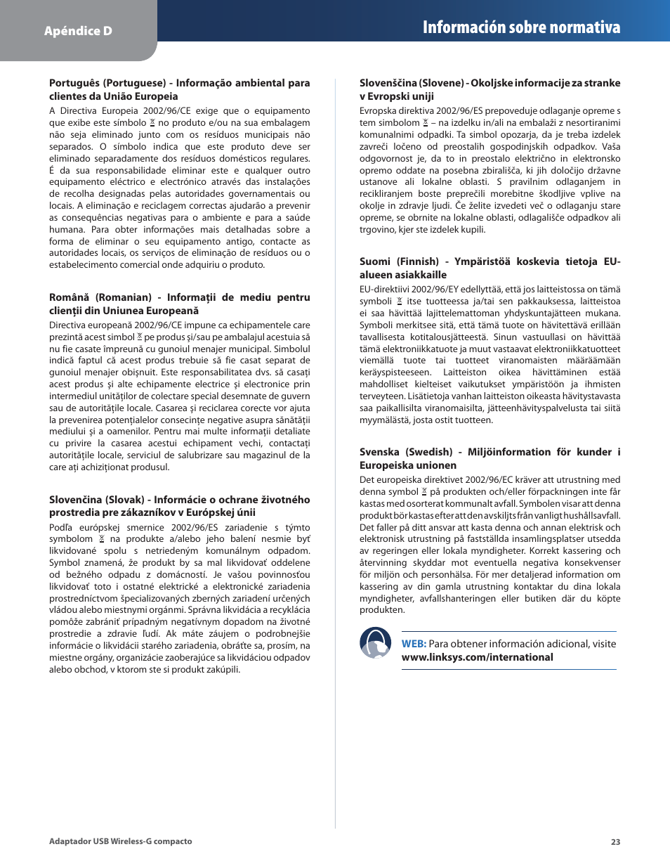 Información sobre normativa | Linksys WUSB54GC User Manual | Page 132 / 324