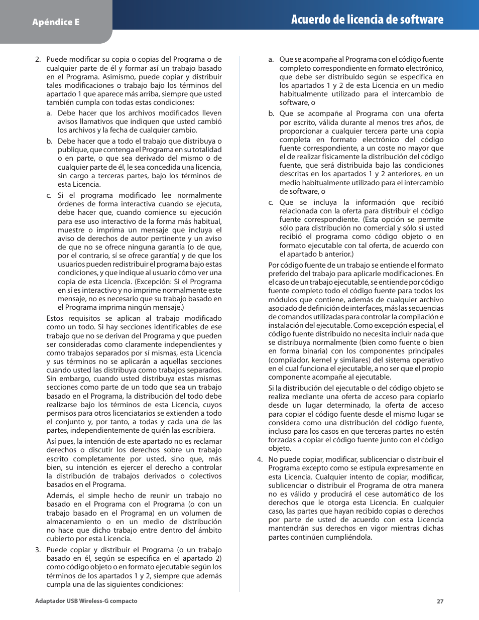 Acuerdo de licencia de software | Linksys WUSB54GC User Manual | Page 136 / 324