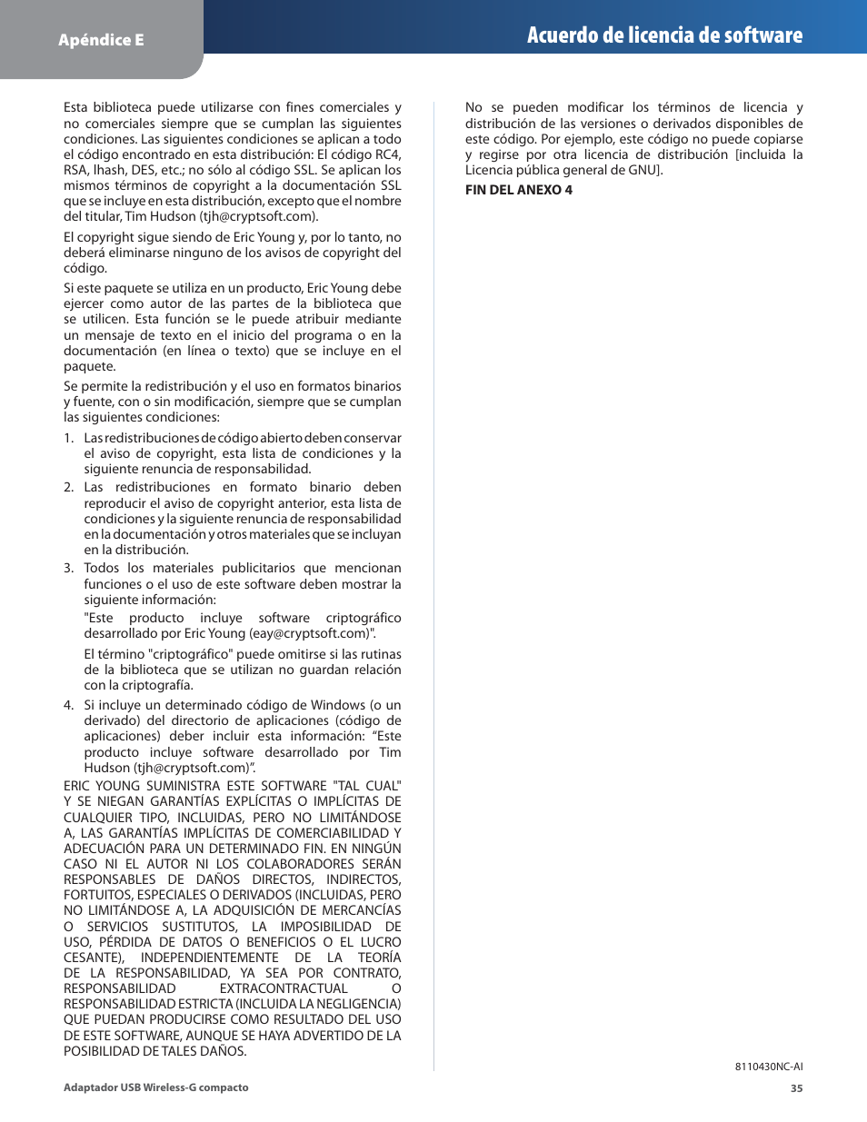Acuerdo de licencia de software | Linksys WUSB54GC User Manual | Page 144 / 324