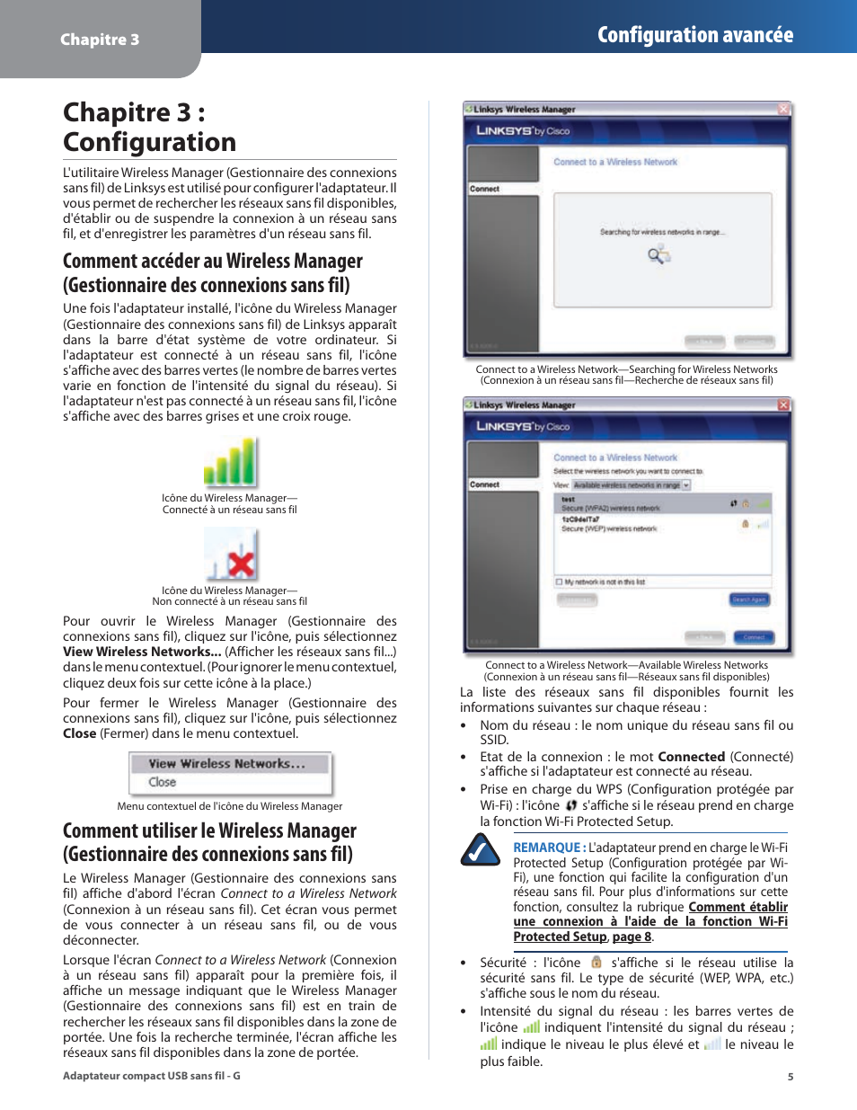 Chapitre 3 : configuration, Configuration avancée | Linksys WUSB54GC User Manual | Page 150 / 324