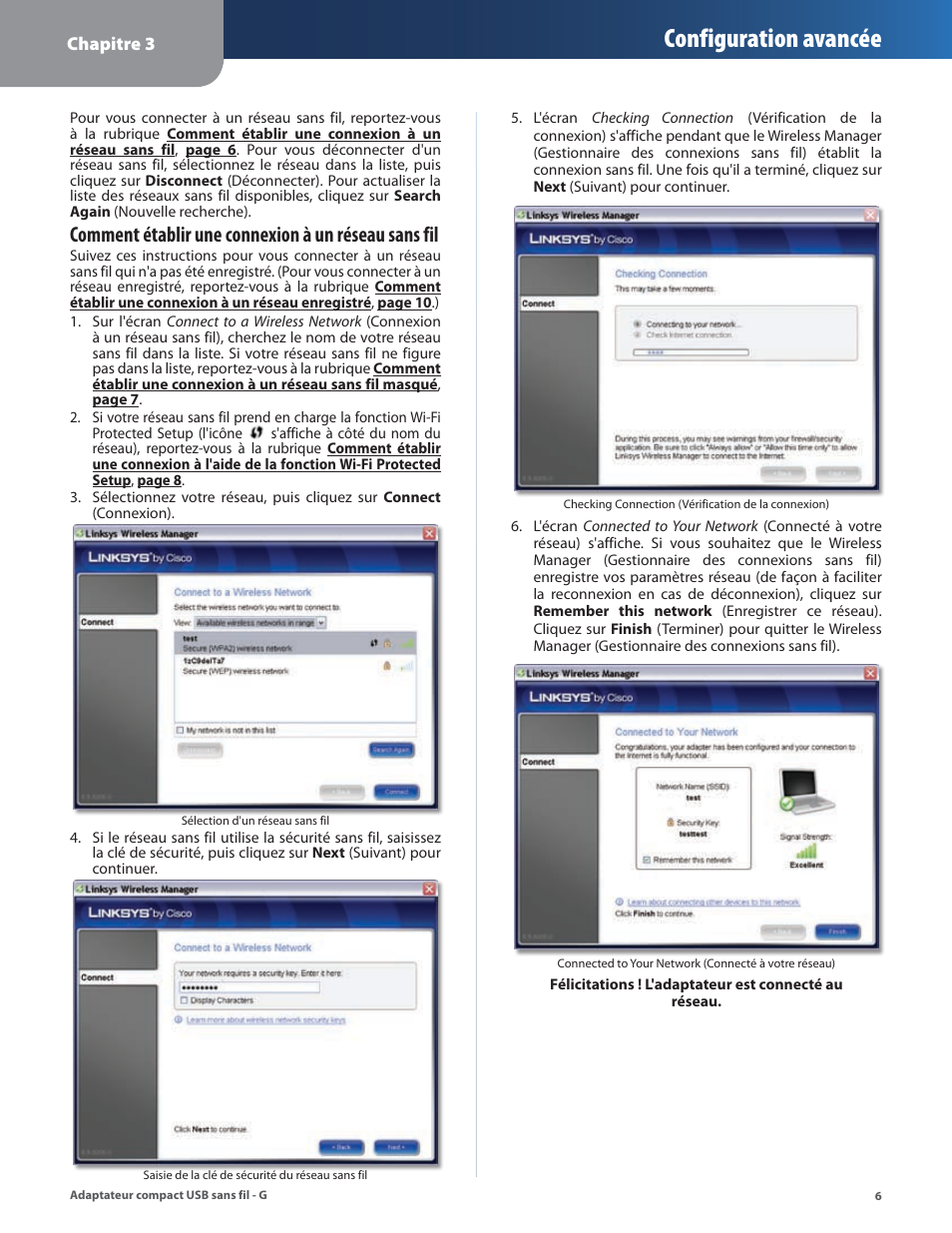 Configuration avancée, Comment établir une connexion à un réseau sans fil | Linksys WUSB54GC User Manual | Page 151 / 324