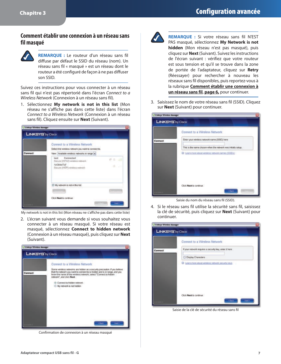 Configuration avancée | Linksys WUSB54GC User Manual | Page 152 / 324