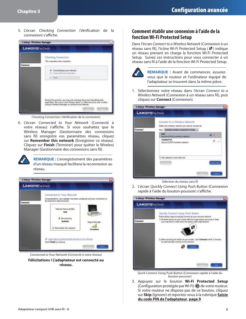 Configuration avancée | Linksys WUSB54GC User Manual | Page 153 / 324