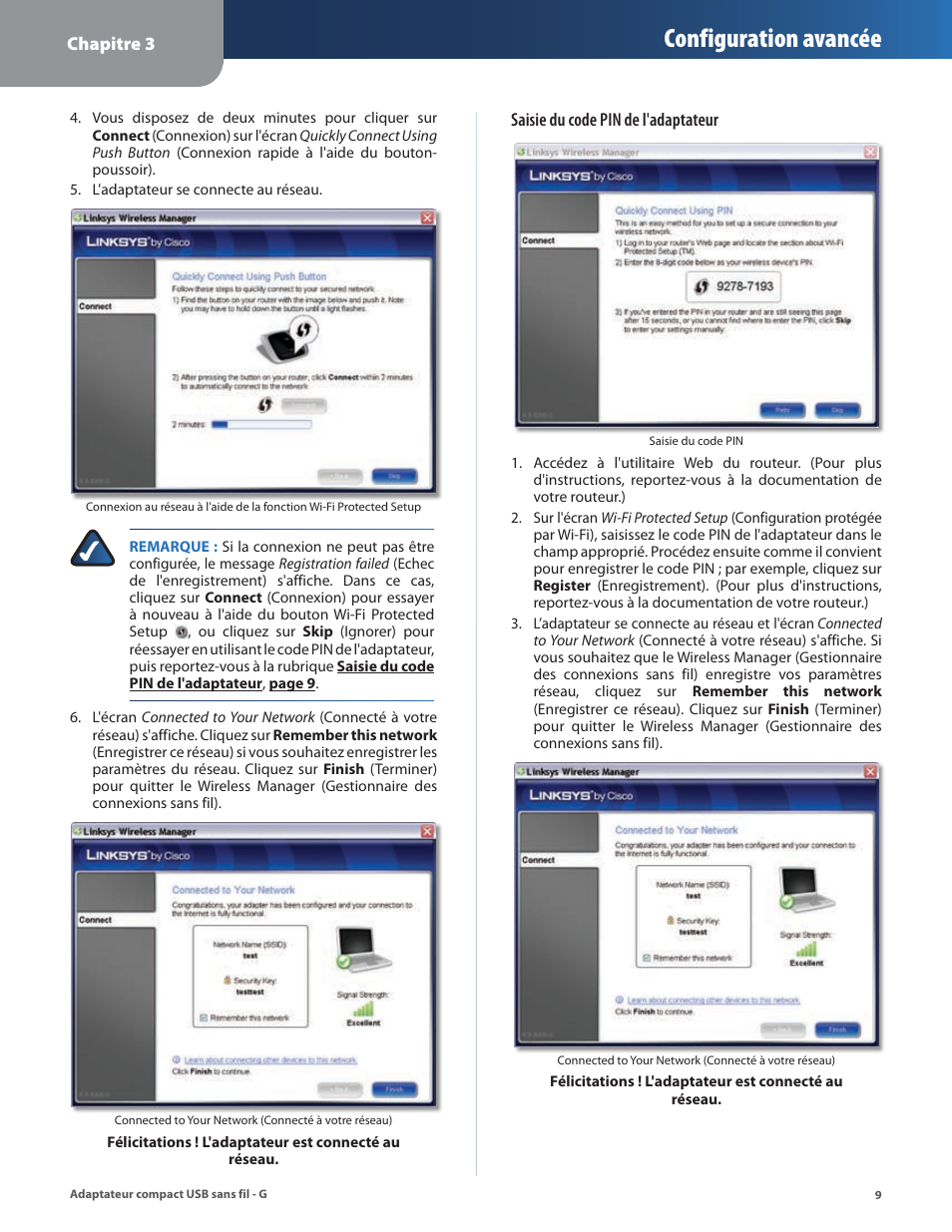 Configuration avancée | Linksys WUSB54GC User Manual | Page 154 / 324