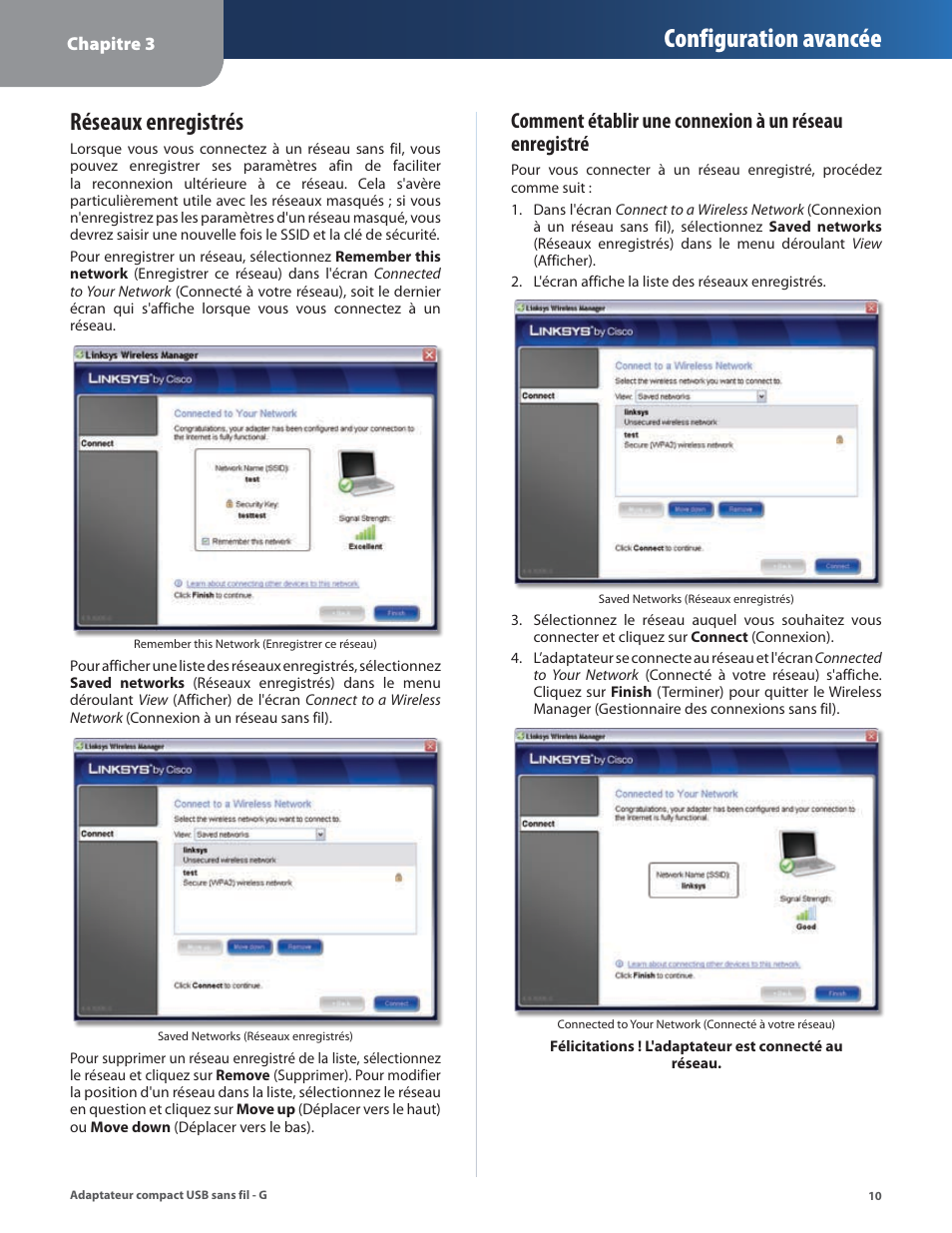 Réseaux enregistrés, Configuration avancée | Linksys WUSB54GC User Manual | Page 155 / 324