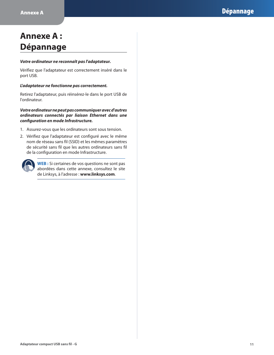 Annexe a : dépannage, Dépannage | Linksys WUSB54GC User Manual | Page 156 / 324